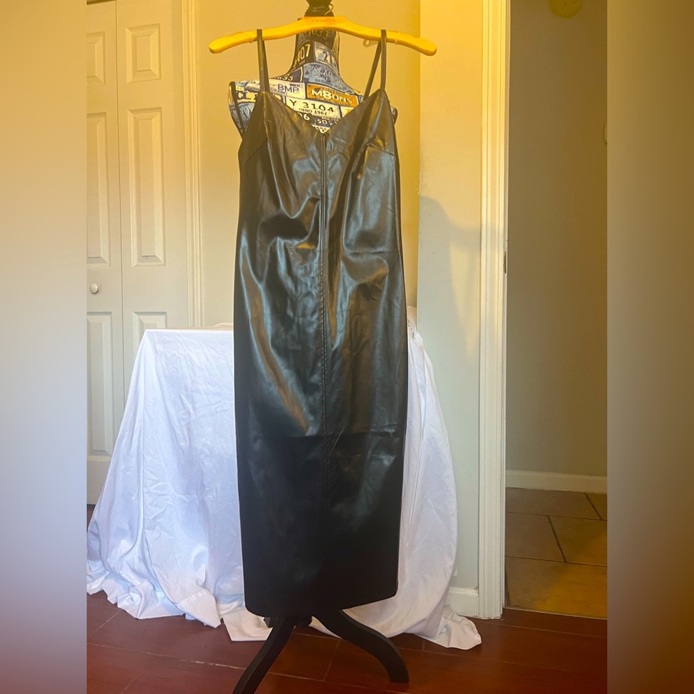 Faux leather black midi dress